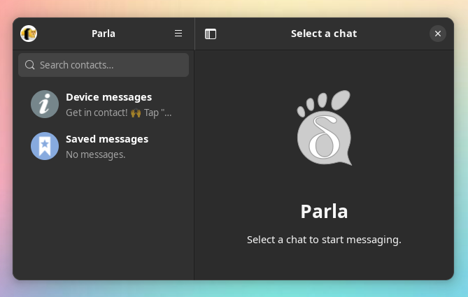 Parla desktop window with contacts, saved messages and the conversation area